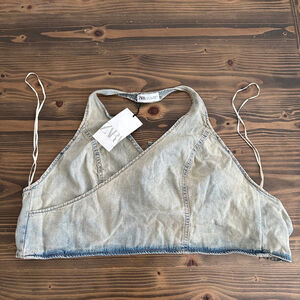 ZARA Denim Halter Crop Top L NWT Light Blue Wrap Tie Back